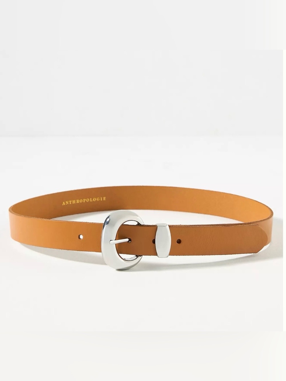 Anthropologie Cognac Leather Belt with Silver Oval Buckle